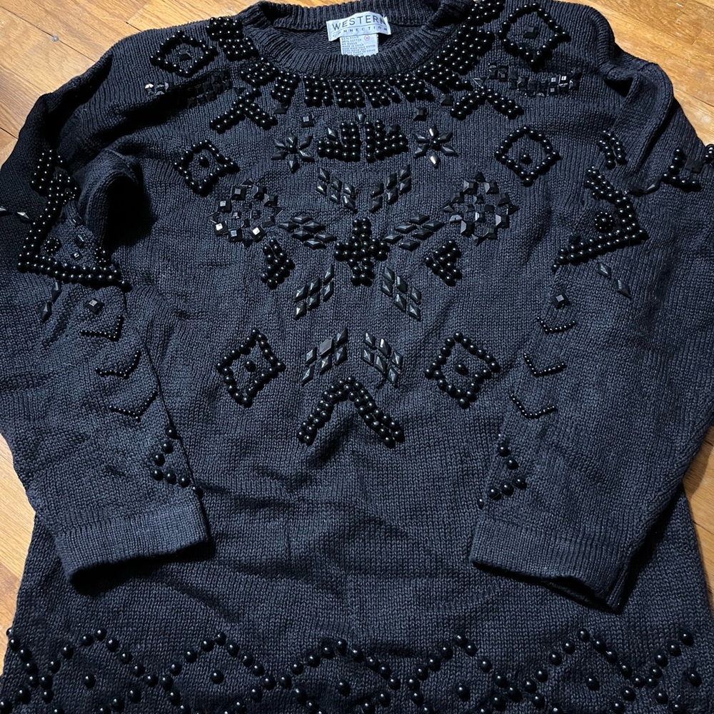 Vintage 80s Western Connection Black Beaded Women's Sweater Medium